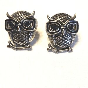 Owl Wearing Glasses Post Back Rhinestones Silver Black Coated Metal Earrings